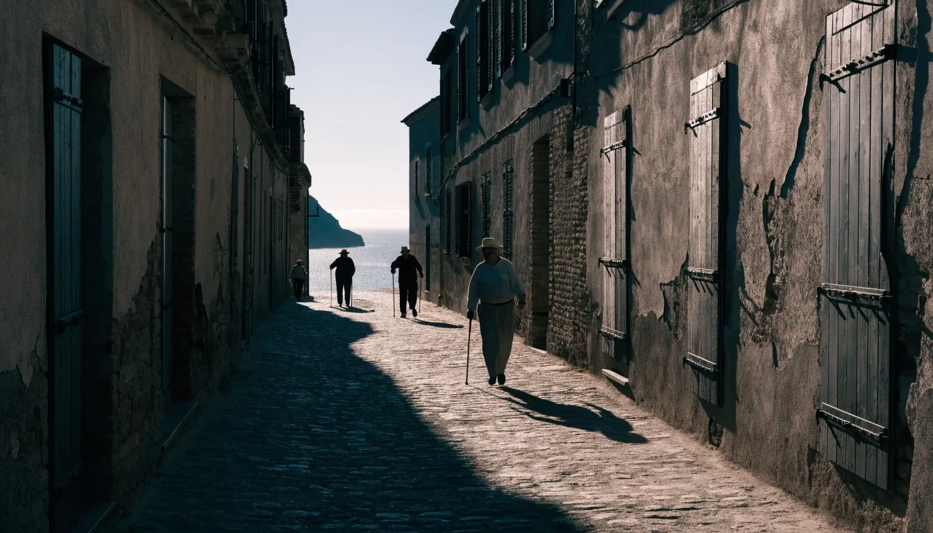 Calle de un municipio costero español a primera hora, con vecinos de edad avanzada caminando