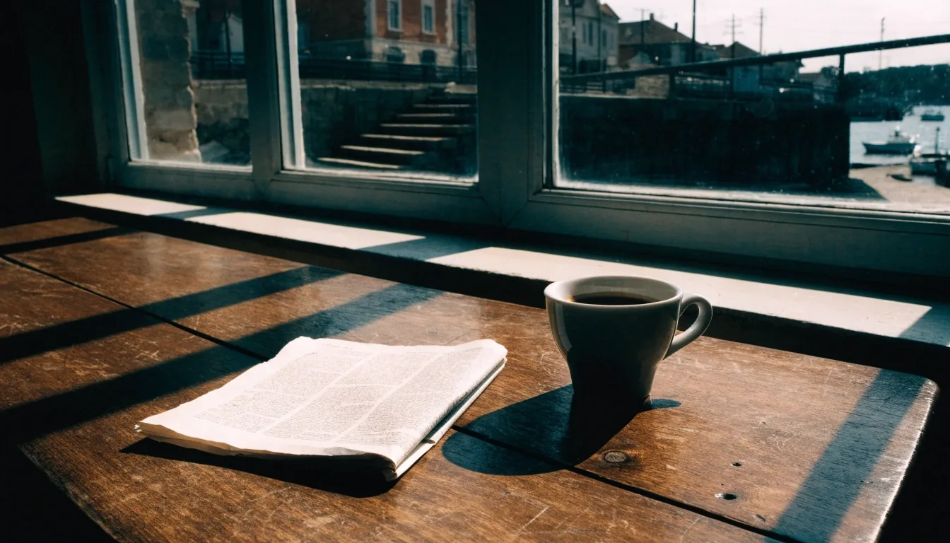 Mesa de madera junto a la ventana de un café, con una taza de café y luz dura de mañana