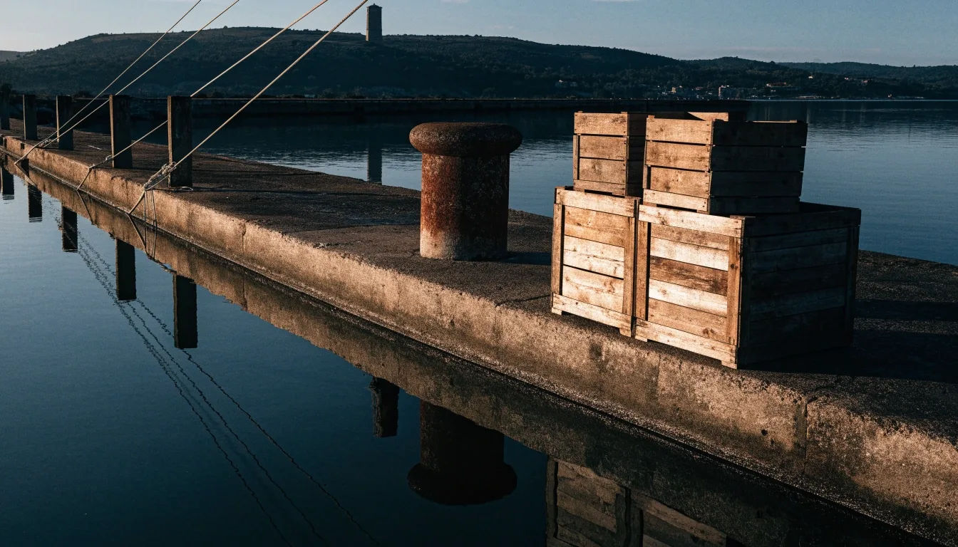 Puerto pesquero vacío al amanecer, con mástiles sin paños izados y cabos recogidos en el muelle