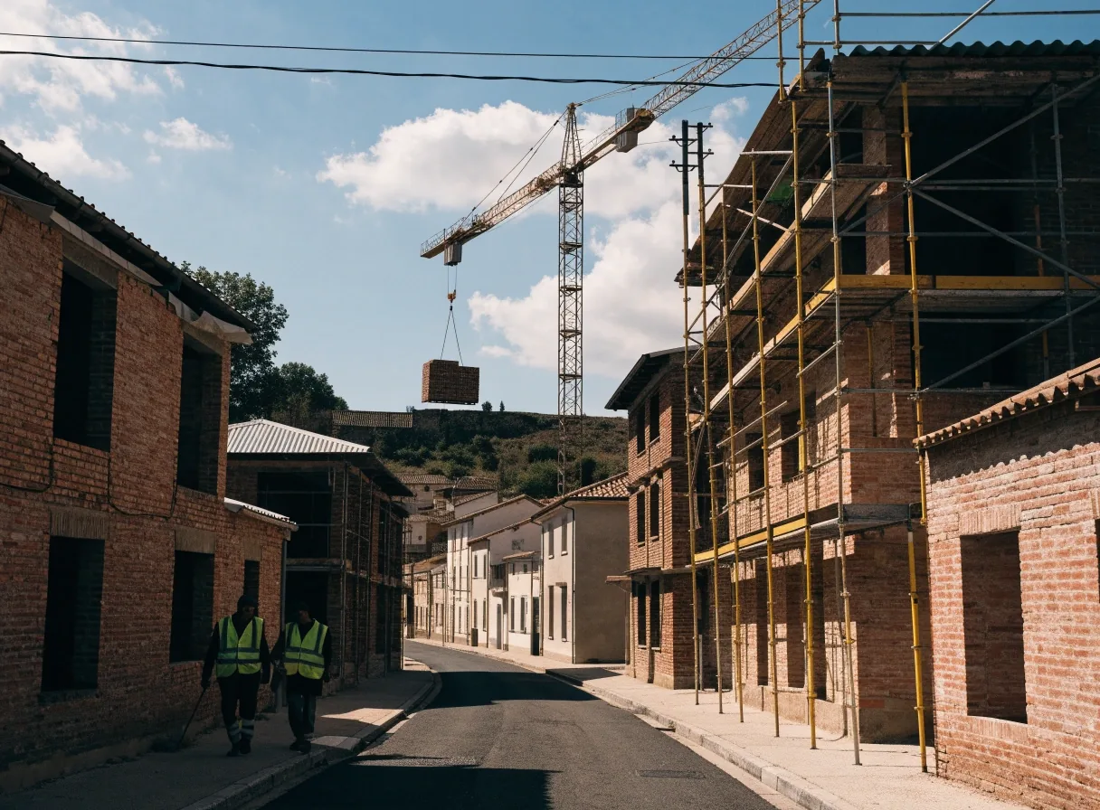 Municipio mediano del interior con tejados, torre de iglesia y una grúa al borde del casco urbano