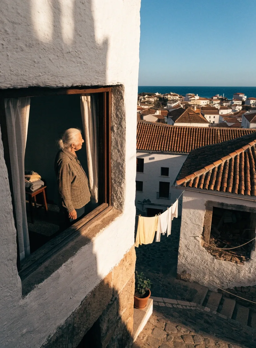 Vista desde un camino de acantilado sobre las casas bajas de una ciudad costera al amanecer