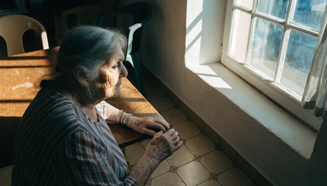 Mujer mayor sentada junto a una ventana luminosa en un espacio comunitario de Cádiz