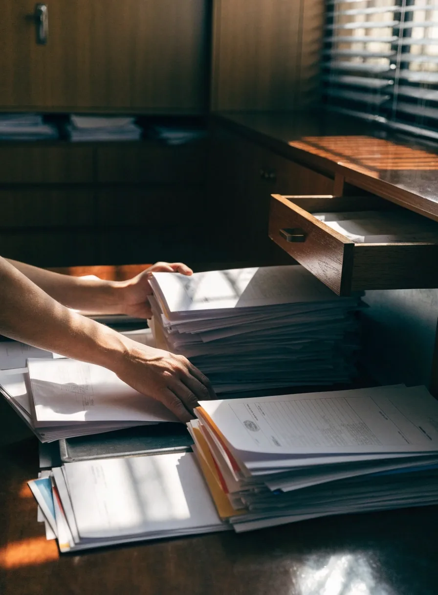 Mesa de registro administrativo municipal con carpetas y manos ordenando documentación bajo luz dura de mañana