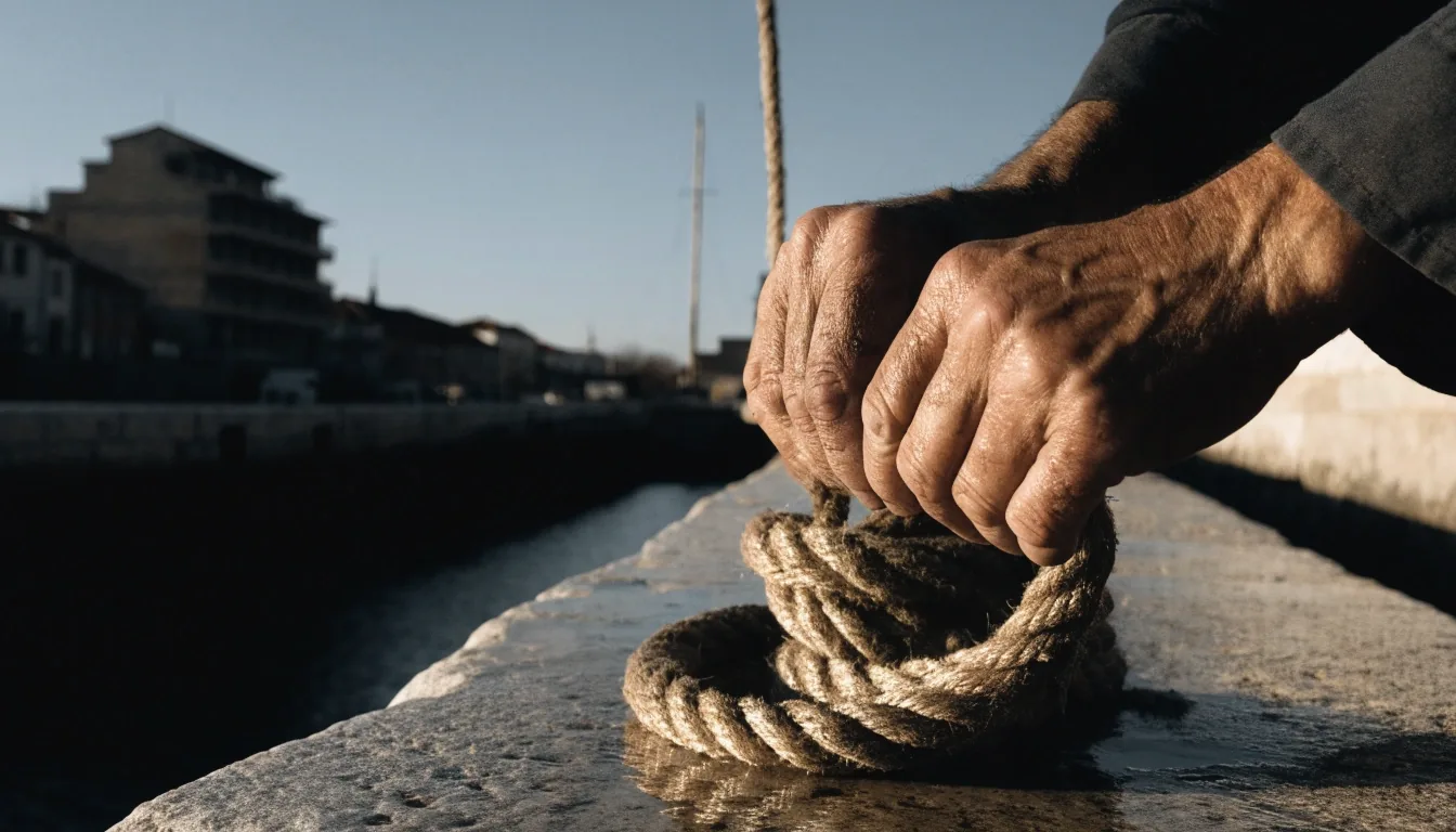 Puerto pesquero pequeño al amanecer con muelle de madera vacío y mástil de señales